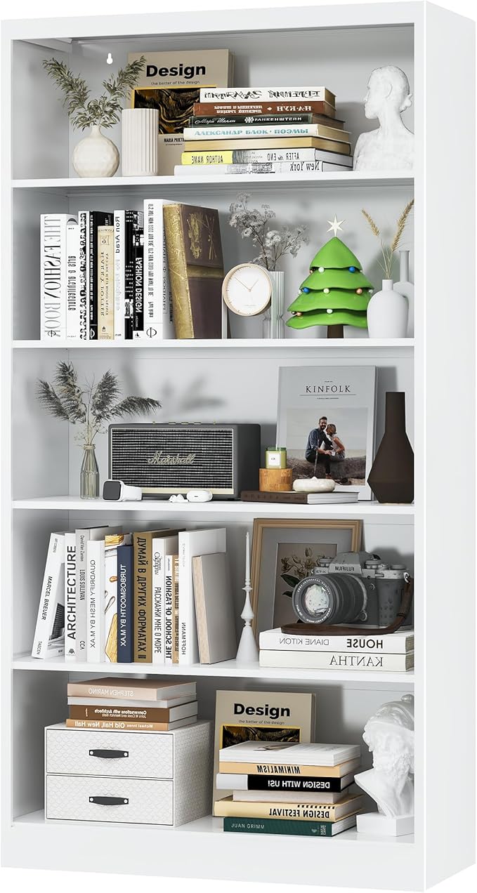 Book Shelf Organizer, Metal Bookshelfs Adjustable, 5 Tier White Bookcase, Heavy Duty Open Bookshelf for Office, Living Room, Library, Bedroom, 65.8" Tall