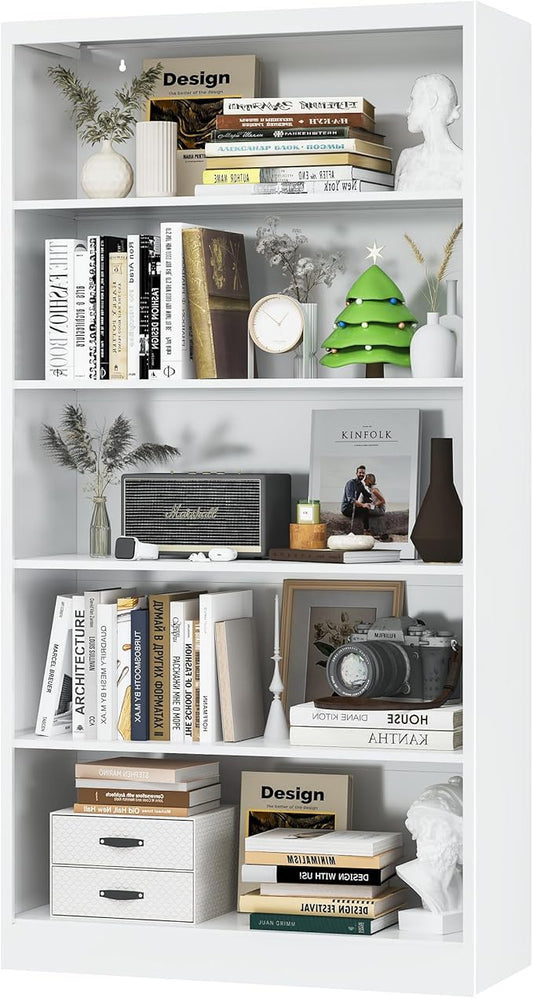 Book Shelf Organizer, Metal Bookshelfs Adjustable, 5 Tier White Bookcase, Heavy Duty Open Bookshelf for Office, Living Room, Library, Bedroom, 65.8" Tall