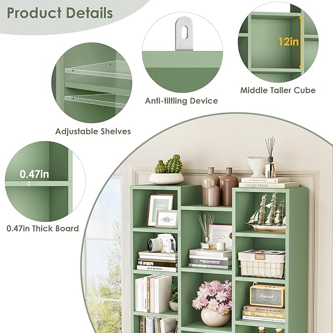 FOTOSOK 71'' Tall Bookshelf, Triple Wide Bookshelf with Adjustable Shelves, 8 Tier Media CD DVD Storage Tower Rack, Diaplay Cabinet Shelf, Cube Storage Organizer Shelf for Home Office, Green