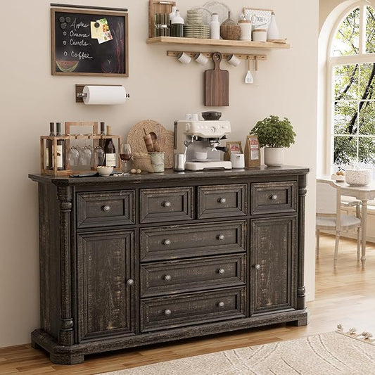 Yechen Buffet Cabinet with Drawers, 54" Large Sideboard Buffet Cabinet with 7 Drawers and 2 Doors, Farmhouse Solid Wood Sideboard Storage for Kitchen, Living Room, Retro