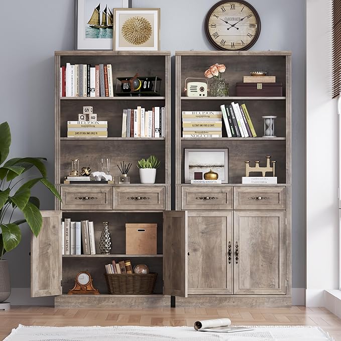 71.4" Tall Bookshelf with Drawers &amp; Cabinet, 5-Tier Floor Standing Bookcase with Storage Doors, Adjustable Shelves &amp; Metal Handles, 31.5" Wide Organizer for Home Office, Living Room