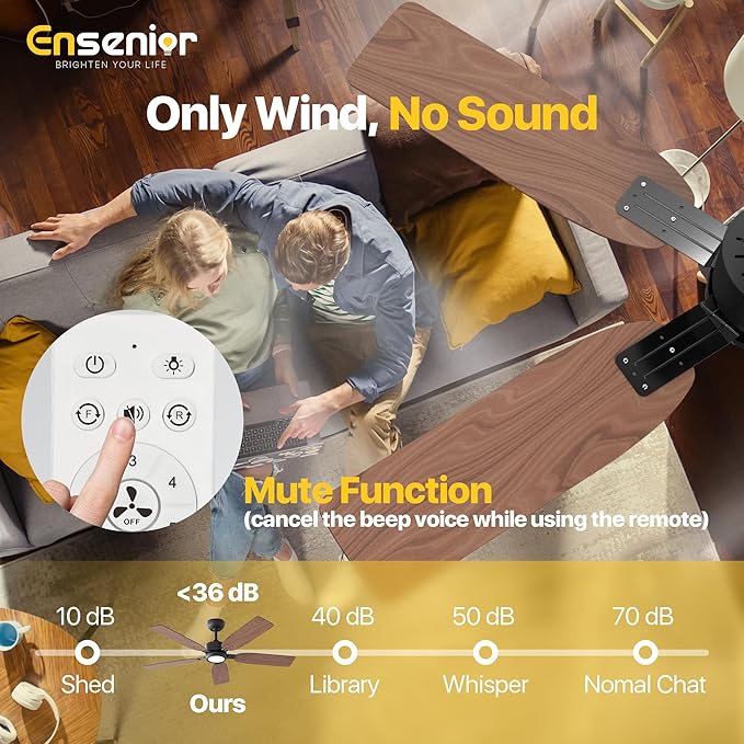 Ensenior Ceiling Fans with Lights and Remote, 52 Inch Black Ceiling Fan with Light, 6 Speeds, 3CCT, Noiseless, Reversible DC Motor, Modern Ceiling Fan for Bedroom and Living Room - 5 Blades