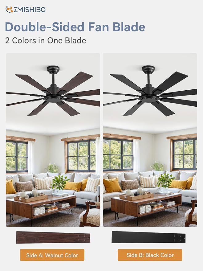 ZMISHIBO 62 Inch Ceiling Fan No Light with Remote Control, 8 Blades Quiet DC Reversible Motor, 6-Speed, Timer, Black Finish, Indoor Outdoor Ceiling Fans for Patios, Living Room, Garage