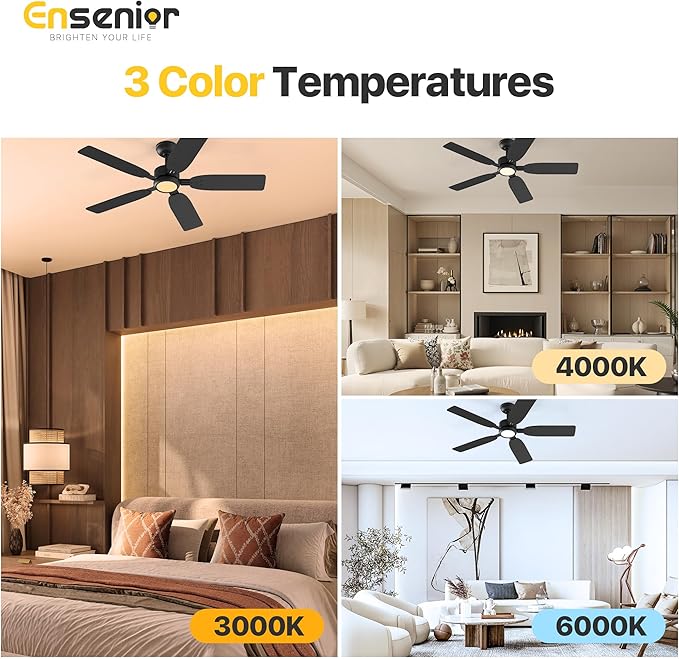 Ensenior Ceiling Fans with Lights and Remote, 52 Inch Black Ceiling Fan with Light, 6 Speeds, 3CCT, Noiseless, Reversible DC Motor, Modern Ceiling Fan for Bedroom and Living Room - 5 Blades