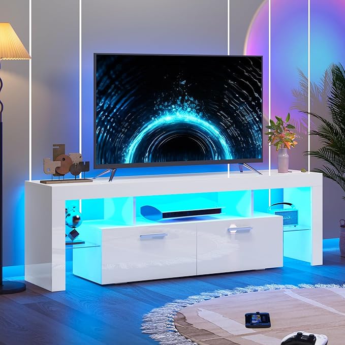 63 inch Modern High Gloss LED TV Stand with Storage for 40 50 55 60 65 70 inch TV, Gaming Entertainment Center, TV Cabinet with Glass Shelves for Living Room, Bedroom, White