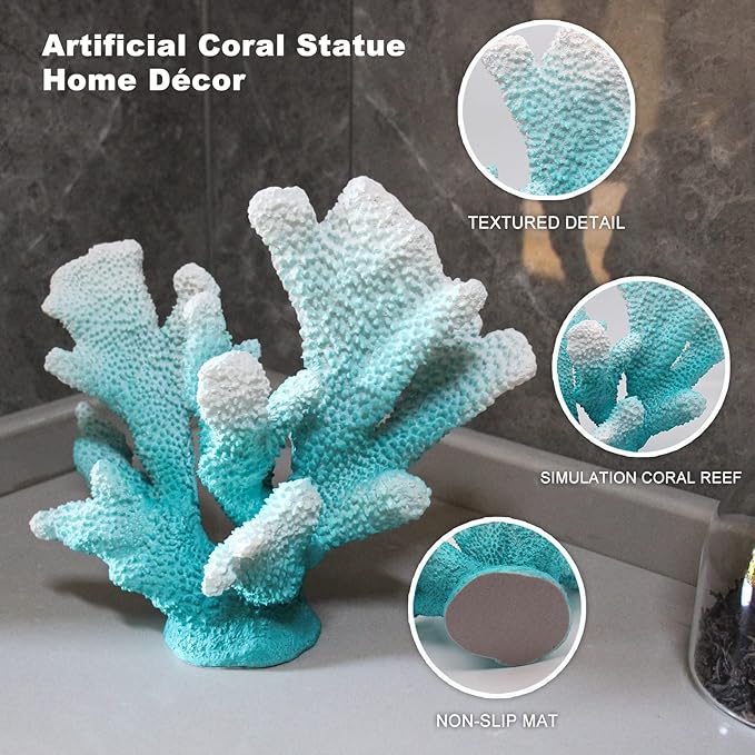 Accessoryway Turquoise Shades Artificial Beach Coral Coastal Decor Resin Coral Statue Nautical Decorations Hawaiian Beach Home Bedroom Party centerpieces for Tables-8.2"