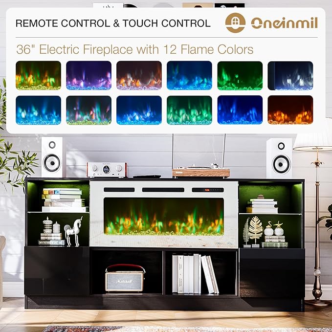 oneinmil Fireplace TV Stand with 36” Electric Fireplace, 70” TV Console Stand for TVs Up to 80", LED Light Entertainment Center, Fireplace for The Living Room TV Stand, Set of Table, Black