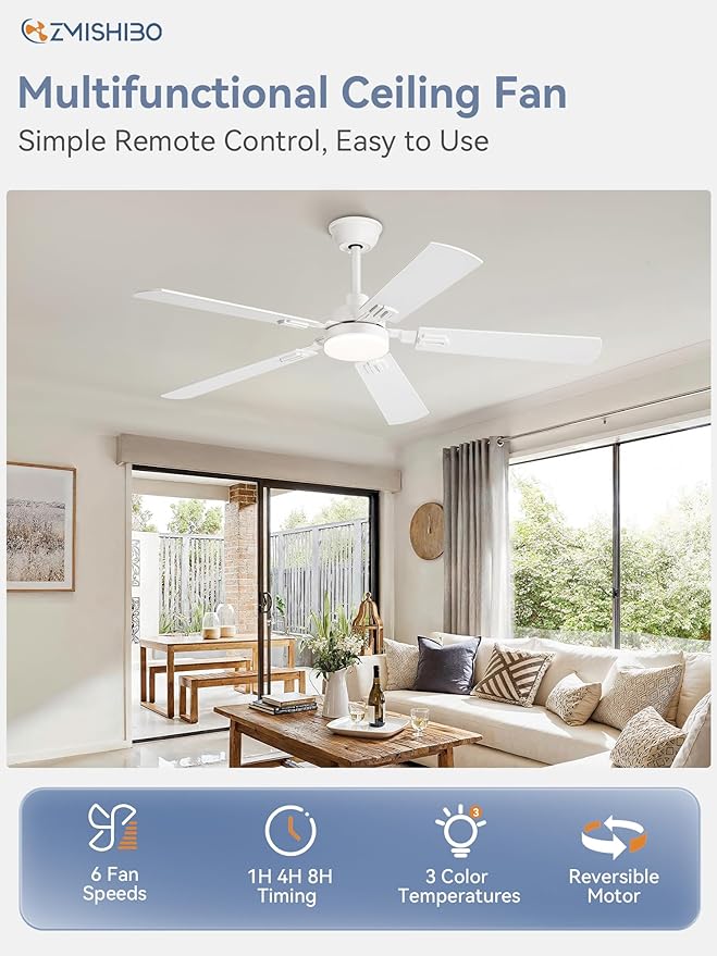 ZMISHIBO 52" Ceiling Fans with Lights, White Modern Ceiling Fan with Remote, bedroom Indoor Ceiling Fan with Dual Finish Blades, Quiet & Strong Motor, Bright LED Light.