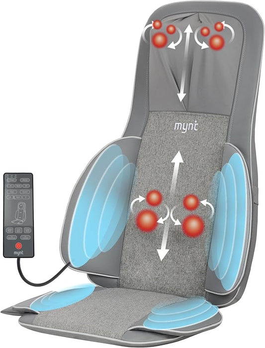 Mynt 2D & 3D Shiatsu Neck and Back Massager for Chair with 10 Deep Kneading Nodes, Adjustable Back Massage with Heat, Portable Massage Chair Pad (Gray)