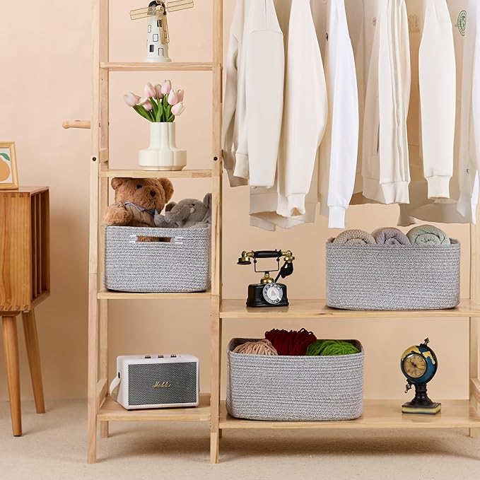 Large Storage Baskets for Shelves, Closet Organizers Bins for Clothes Blanket Towels, Baby Nursery, Toy Baskets Box, Woven Rope Baskets, 17 x 13 x 7.5”, 2 Packs Mixed Gray