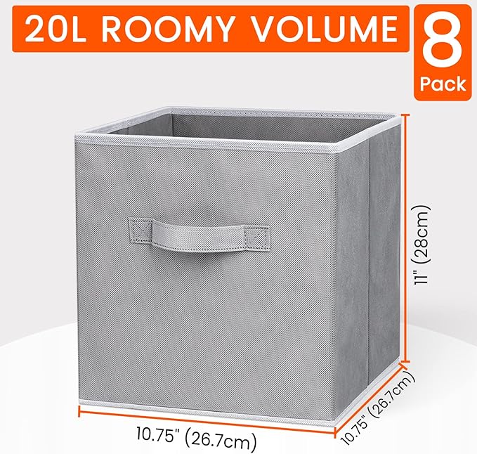 Criusia Heavy Duty Fabric Storage Cubes, Collapsible Storage Organizer Bins for Shelves Closet, Baskets for Clothes, Blankets, Toys, Grey, 11 inches, 8 Pack