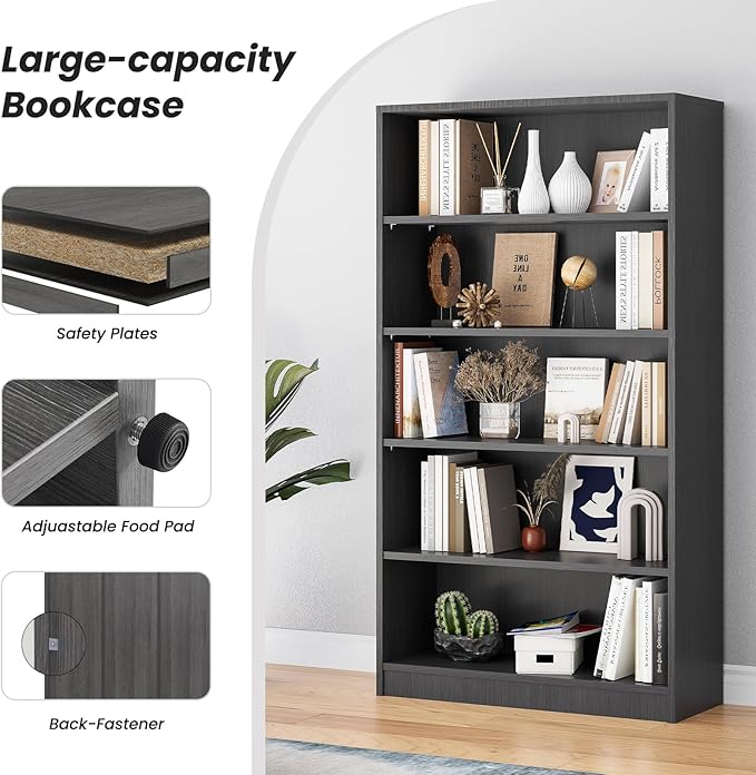 Farini 5 Shelf boockase Display Bookcase Freestanding Wooden Bookshelfs for Home Office Living Room,60 Inch Height,Grey