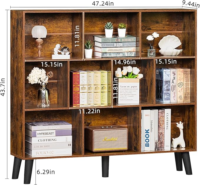 LEYAOYAO 10 Cube Bookshelf,3 Tier Modern Wide Bookcase with Legs,Mid-Century Wood Bookshelfs Storage，Brown Large Book Case,Freestanding Organizer Display Shelf for Bedroom,Living Room,Office