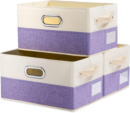 PRANDOM Large Fodable Storage Bins for Closet [3-pack] Decorative Fabric Storage Baskets Cubes with Leather/Metal Handles for Shelves Bedroom Living Room Purple&amp;Cream (14.9x9.8x8.3 Inch)