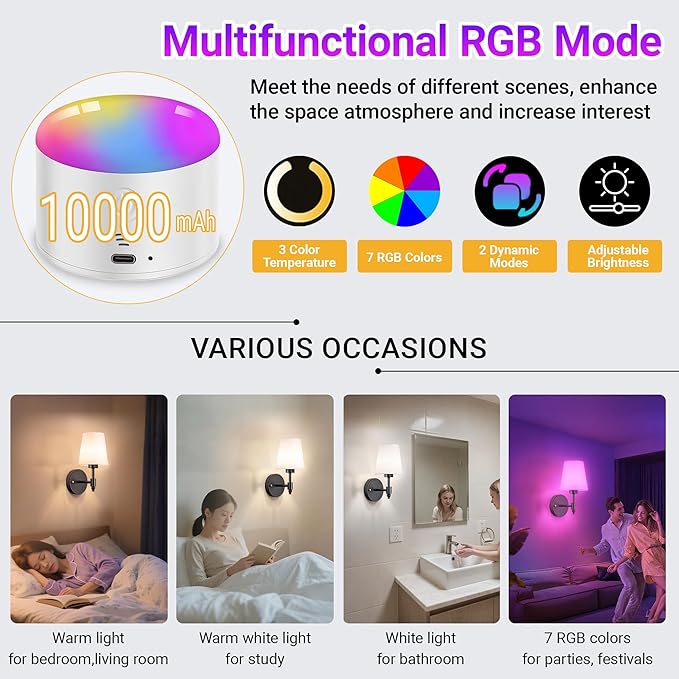Battery Operated Wall Sconces Set of Two, Rechargeable Wireless Wall Lights with 10000mAh RGB Dimmable Detachable Bulb, Battery Sconces Wall Decor with Remote for Bedroom Living Room Hallway