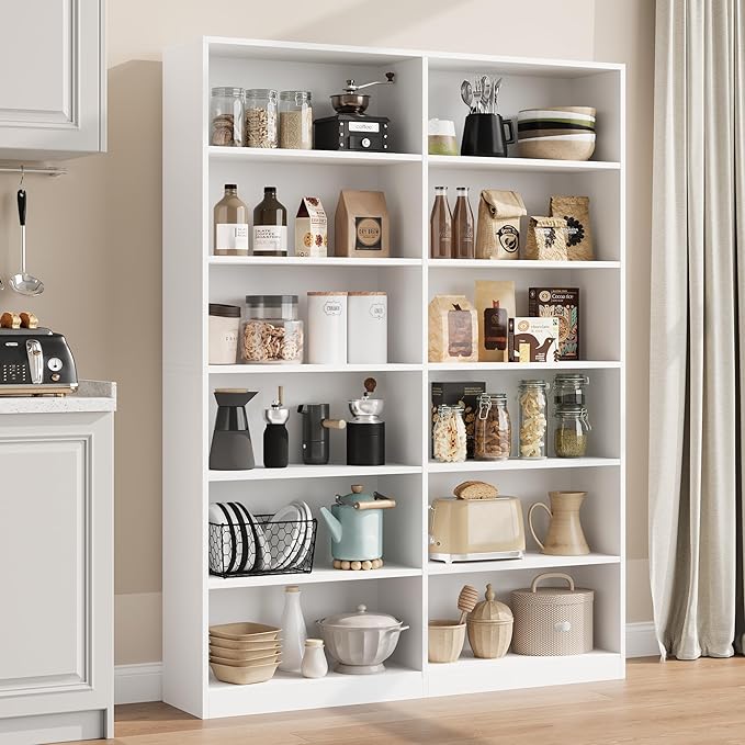 Bookshelf and Bookcase, 6-Tier Double Wide Bookshelfs,Freestanding Display Storage Shelves, Tall Bookcases for Home Decor Bedroom, Living Room, Home Office,White
