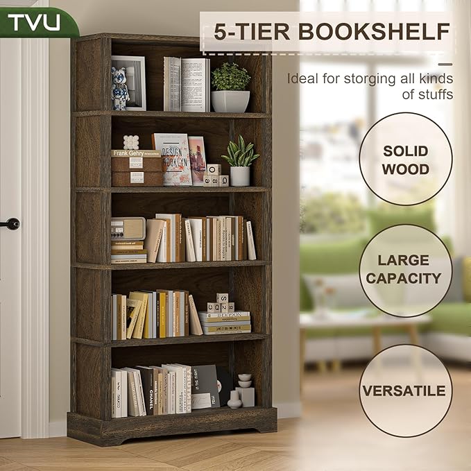 TVU 5-Tier Wooden Book Shelf, 65" Tall Bookshelf with Storage, Floor-Standing Display Bookcase, Farmhouse Style Bookshelf with Arched Base, Suitable for Living Room, Study, Office, Rustic Brown