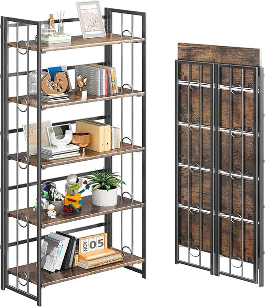 4NM No Assembly 5 Tiers Folding Bookshelf, 59.4" H Foldable Storage Shelves Vintage Bookcase Standing Racks Study Organizer Home Office - Rustic Brown Black