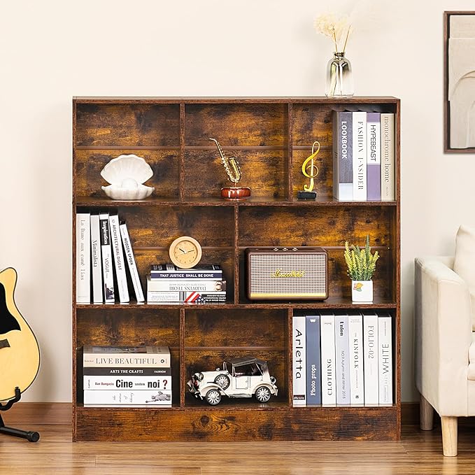 LEYAOYAO 8 Cube Bookshelf with Base,3 Tier Mid-Century Modern Brown Bookcase,Standing Wide Bookshelfs Storage Organizer Shelf,Rustic Wood Display Cabinet Book Shelves for Bedroom,Living Room,Office