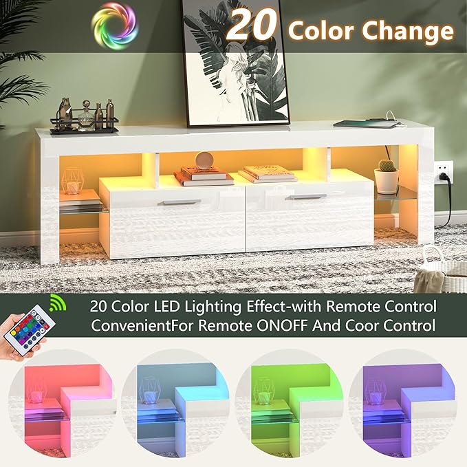 71 inch Modern High Gloss LED TV Stand with Storage for 55 60 65 70 75 80 inch TV, Gaming Entertainment Center for PS5, TV Cabinet with Glass Shelves for Living Room, Bedroom, White