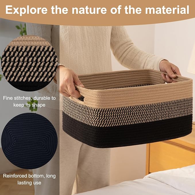 Large Storage Basket for Organizing, Woven Rope Basket for Shelves, Closet Organizer Bins for Clothes, Blanket, Toys, Baby Nursery Storage, 17.7" x 13" x 7.87", 2 Packs Black &amp; Brown