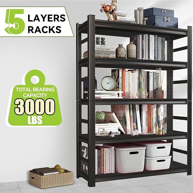 Book Shelf, 5 Tier Metal Wide Bookshelf, Heavy Duty Bookcase, Adjustable Industrial Bookshelf, Tall Book Shelf for Living Room &amp; Bedroom and Library, Black(72" H*35.4" W*15.8" D)