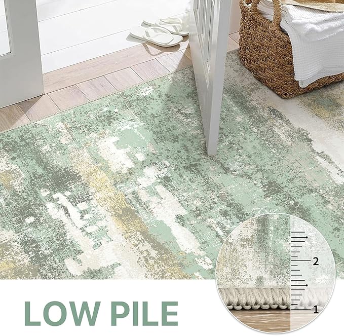 Runner Rug for Hallway Kitchen, 2x8 Machine Washable Runners Rug for Entryway, Light Green Soft Modern Abstract Throw Rugs, Low Pile Floor Carpet with Non Slip Backing