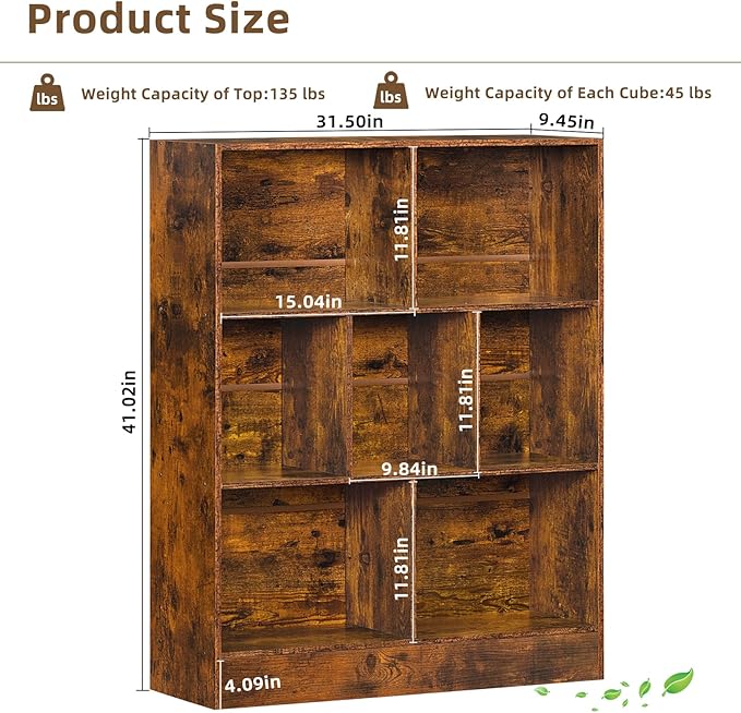 LEYAOYAO 7 Cube Bookshelf with Base,3 Tier Mid-Century Modern Brown Bookcase,Standing Wide Bookshelfs Storage Organizer Shelf,Rustic Wood Display Cabinet Book Shelves for Bedroom,Living Room,Office