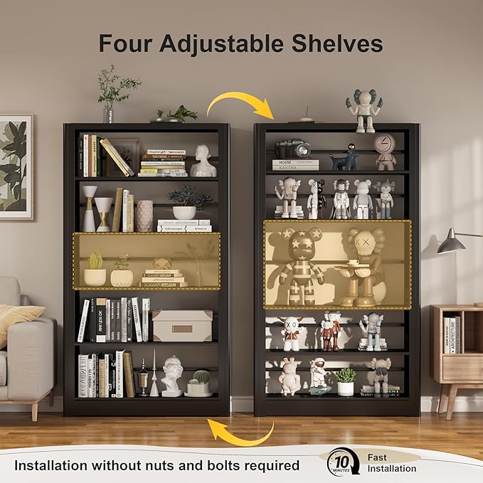 69" Tall Wide-Column Bookshelf,5-Tier Sturdy Bookcase with Adjustable Shelves,Heavy Duty Strong Metal Bookshelf,Black Bookcase with 6 Shelves for Home Office, Living Room, Bedroom, Library (Black)