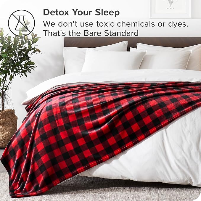 Bare Home Textured Fleece Blanket - Throw/Travel - Ultra-Soft Lightweight for Bed, Sofa, and Couch - Luxury Microplush - Cozy Warm Blanket (Throw/Travel, Buffalo Plaid - Red/Black)