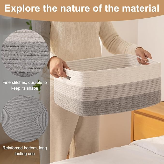 Large Storage Basket for Organizing, Woven Rope Basket for Shelves, Closet Organizer Bins for Clothes, Blanket, Toys, Baby Nursery Storage, 17.7" x 13" x 7.87", 3 Packs Gradient Gray