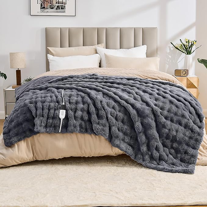 Heated Blanket Electric Throw Blanket 72''X 84''-Heating Blanket with 6 Heat Settings-4/10 Hours Auto Off,Cozy Faux Rabbit Fur Bubble Electric Blanket,Dark Gray