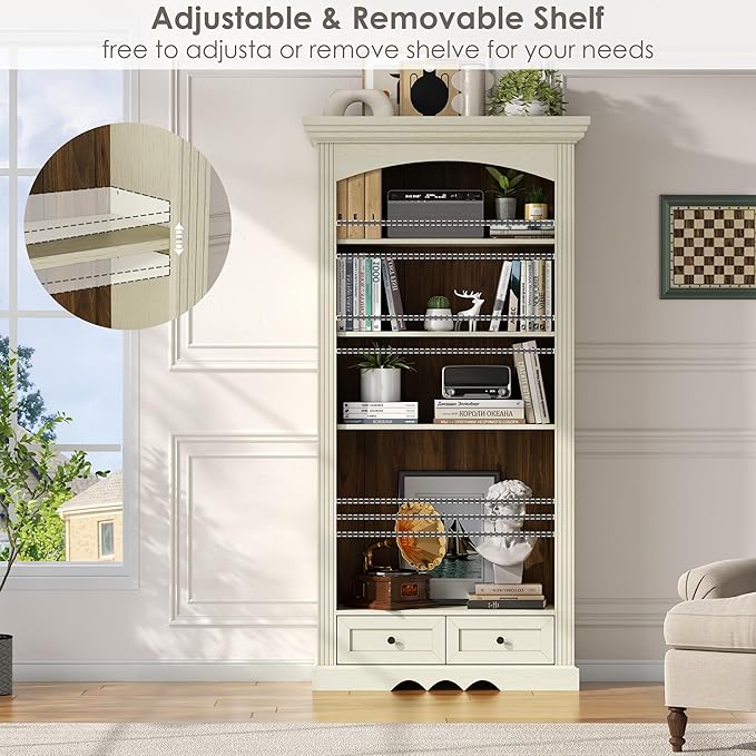 71'' Tall Arched Bookcase with Stroage of 2 pcs, Farmhouse 5-Tier Arch Bookshelf with Drawers, Freestanding Book Shelf with Adjustable Shelf and Roman Column Pattern for Home Office (2, White)