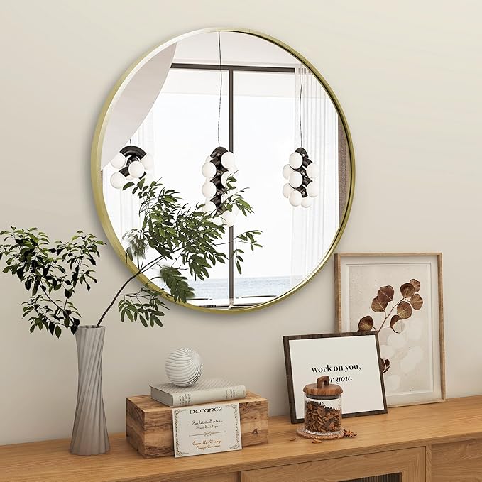 24 inch Gold Circle Mirror for Bathroom, Round Matte Gold Framed Mirror for Bathroom Vanity, Bedroom, Living Room, Wall Decor