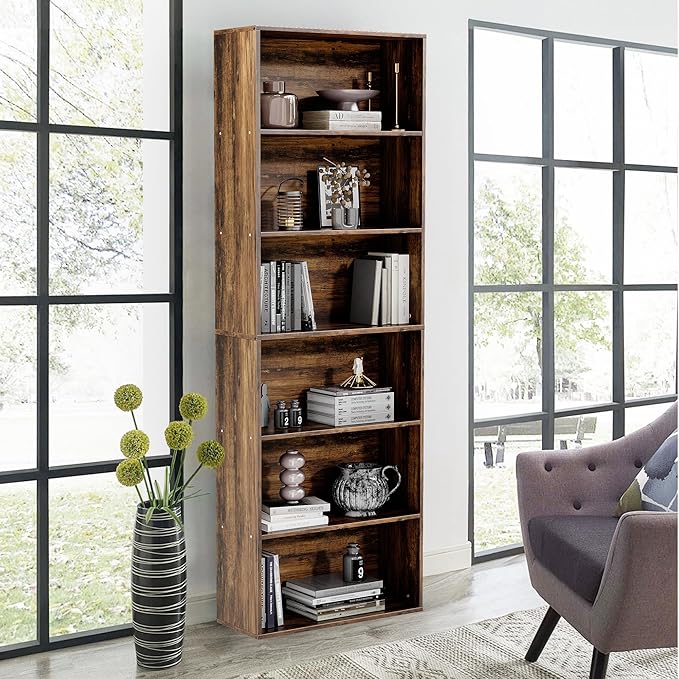 71" Tall Bookcase, 6-Tier Open Display Storage Shelves, Floor Standing Large Book Shelf for Living Room, Home Office, Bed Room, Brown