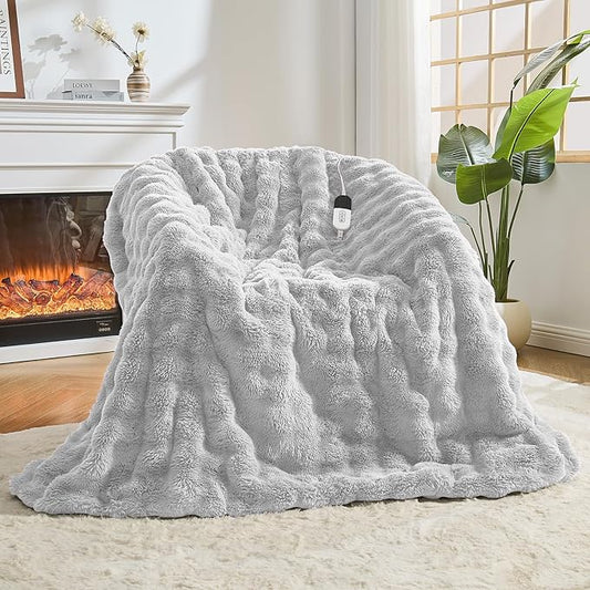 Heated Blanket Electric Throw Blanket 50''X 60''-Heating Blanket with 6 Heat Settings-4/10 Hours Auto Off,Cozy Faux Rabbit Fur Bubble Electric Blanket,Light Gray