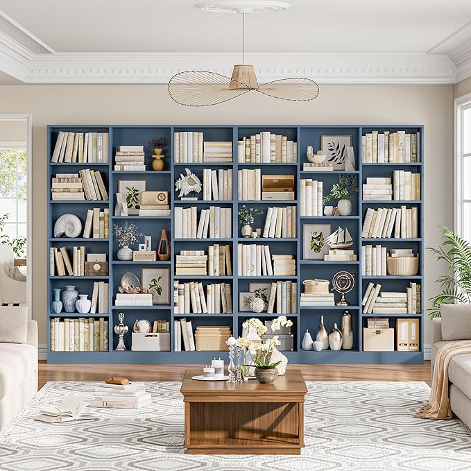 Triple Wide Bookshelf, 6 Tier Large Bookshelf, Bookcase with 17 Open Display Shelves, 74'' Tall Bookcases and Bookshelfs for Living Room, Home Office, Library, Blue