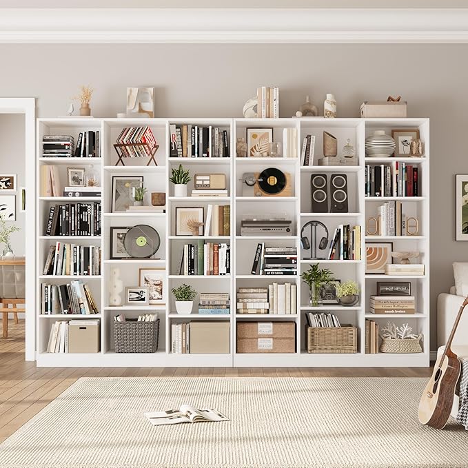 Triple Wide Bookshelf, 6 Tier Large Bookshelf, Bookcase with 17 Open Display Shelves, 74'' Tall Bookcases and Bookshelfs for Living Room, Home Office, Library, White