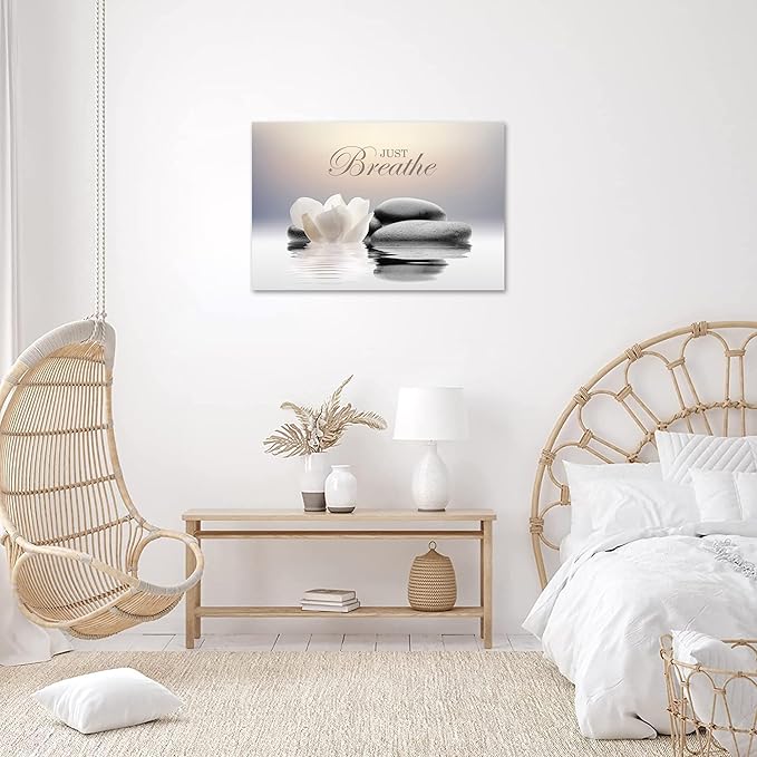 Zen Stone Canvas Wall Art Just Breathe Yoga Quotes Poster for Spa Decor White Lotus Flower Pictures Prints for Bathroom Modern Spiritual Artwork Framed (20 x 30inches)