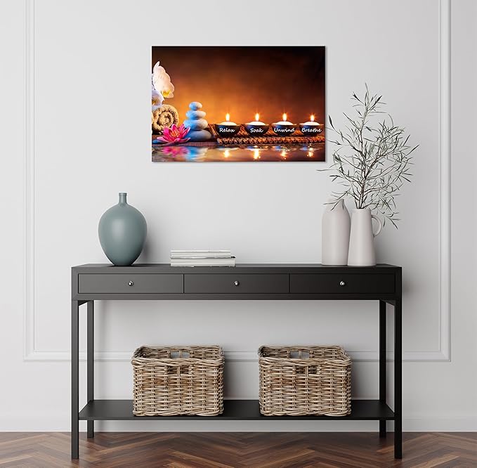 Zen Wall Art Lotus Flower Decor Breathe Canvas Picture Candles Relaxing Peaceful Poster Prints for Zen Spa Room Living Room Bedroom(24.00" x 36.00")