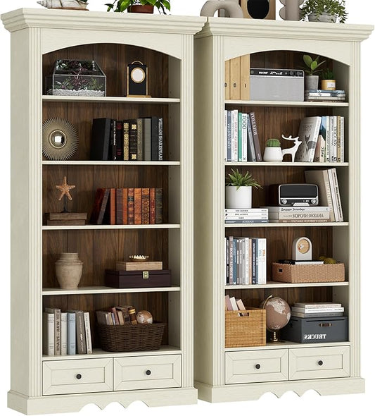 71'' Tall Arched Bookcase with Stroage of 2 pcs, Farmhouse 5-Tier Arch Bookshelf with Drawers, Freestanding Book Shelf with Adjustable Shelf and Roman Column Pattern for Home Office (2, White)