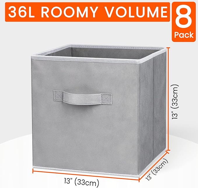 Criusia Large Storage Cubes - 13 Inch Heavy Duty Fabric Storage Bins for Shelves Closet, Cube Organizer - 8 Pack Collapsible Cube Storage Bins Baskets for Organizing Clothes Blankets Toys (Grey)