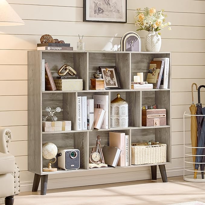 LEYAOYAO 10 Cube Bookshelf,3 Tier Modern Wide Bookcase with Legs,Mid-Century Wood Bookshelfs Storage，Retro Gray Large Book Case,Freestanding Organizer Display Shelf for Bedroom,Living Room,Office