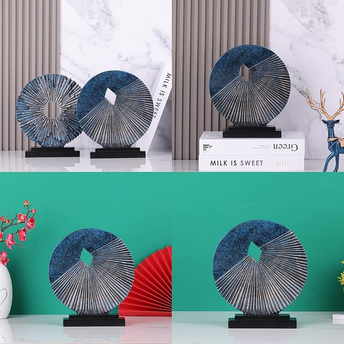 Blue home decor sculpture, unique round line statue, modern artist home decor, decorative panel statue for living room TV cabinet, coffee table, on the shelf, dining table center blue decoration