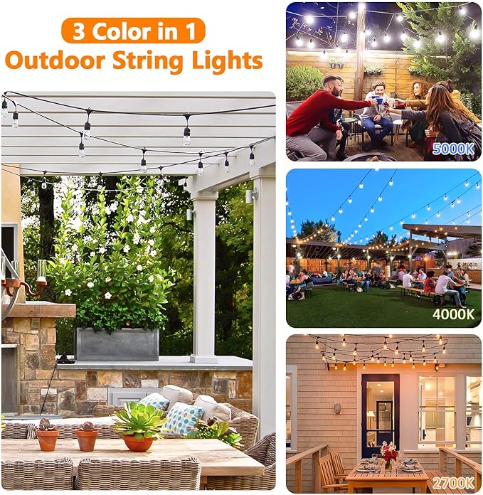 2-Pack 3 Color Dimmable LED Outdoor String Lights for Patio with Remotes, 96FT Waterproof Hanging Lights with Shatterproof Edison Bulbs for Bistro Backyard-Warm White/Nature White/Daylight White