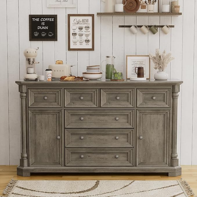 Yechen Buffet Cabinet with Drawers, 54" Large Sideboard Buffet Cabinet with 7 Drawers and 2 Doors, Farmhouse Solid Wood Sideboard for Kitchen, Living Room, Gray