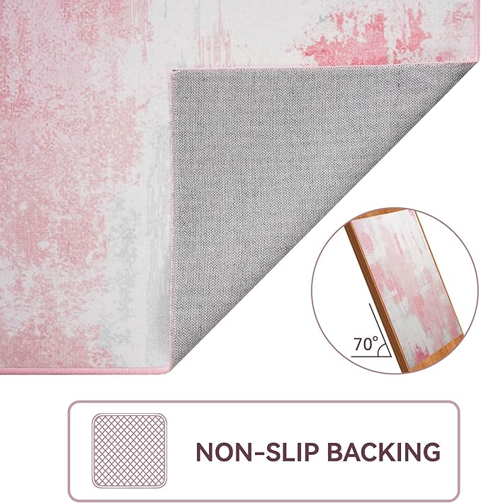 Kelarea Pink Nursery Rug for Baby Girl, 8x10 Modern Abstract Washable Rugs for Kid's Bedroom, Low Pile Non Slip Large Carpet for Dorm, Living Room, Kids Playroom