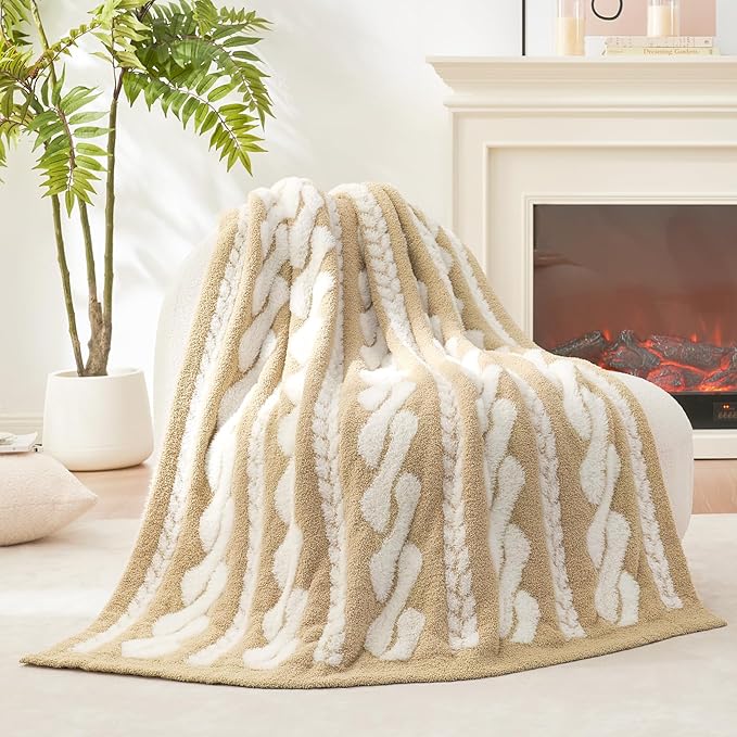Amélie Home Cable Knit Throw Blanket for Couch, Bicolour Super Soft Cozy Fuzzy Plush Throws for Sofa, 50" x 60", Cable Beige &amp; White