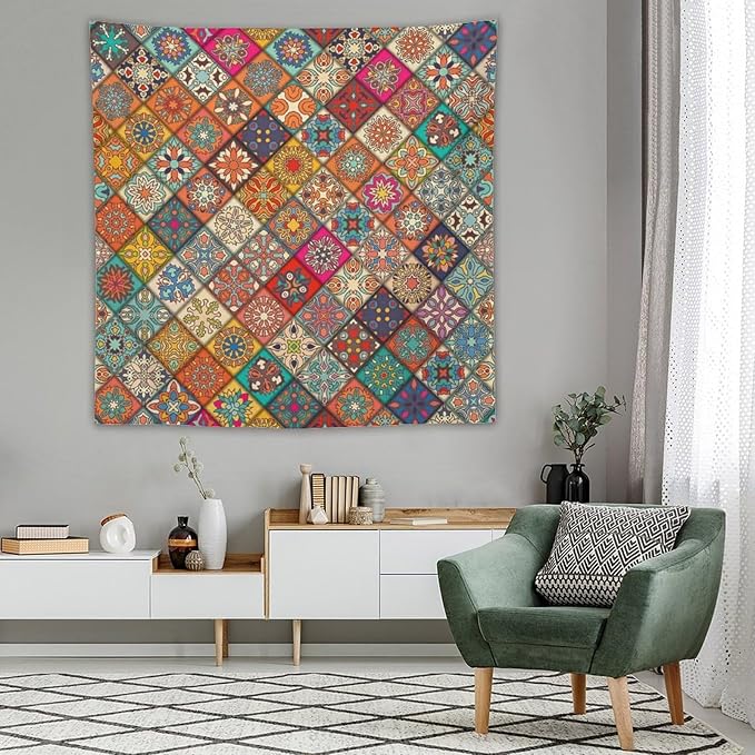 Kurtect Bohemian Tapestry,Vintage Style Colorful Geometric Stripe Abstract Pattern Tapestries for Party Beach Picnic Blankets Tablecloths Living Room Wall Deocr, 60x60 in
