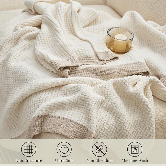 Amélie Home Waffle Throw Blanket for Couch Twin, Soft Cozy Chenille Knit Blanket Warm Decorative Throw for Sofa, Bed, Living Room, 60"x80", Ivory